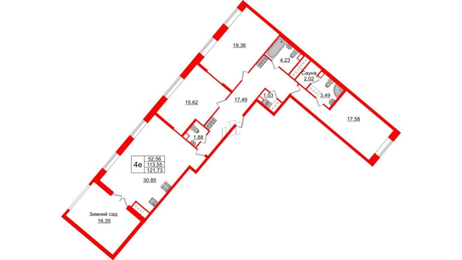 Планировка: 3-комнатная квартира, 112,8 м²