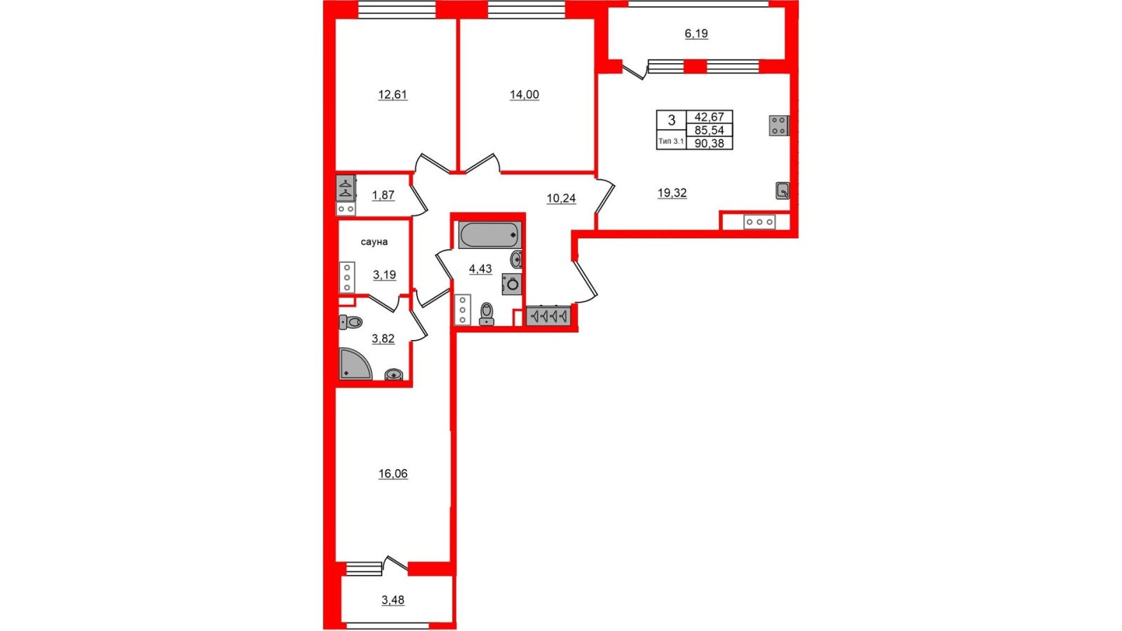 Планировка: 3-комнатная квартира, 85,5 м²