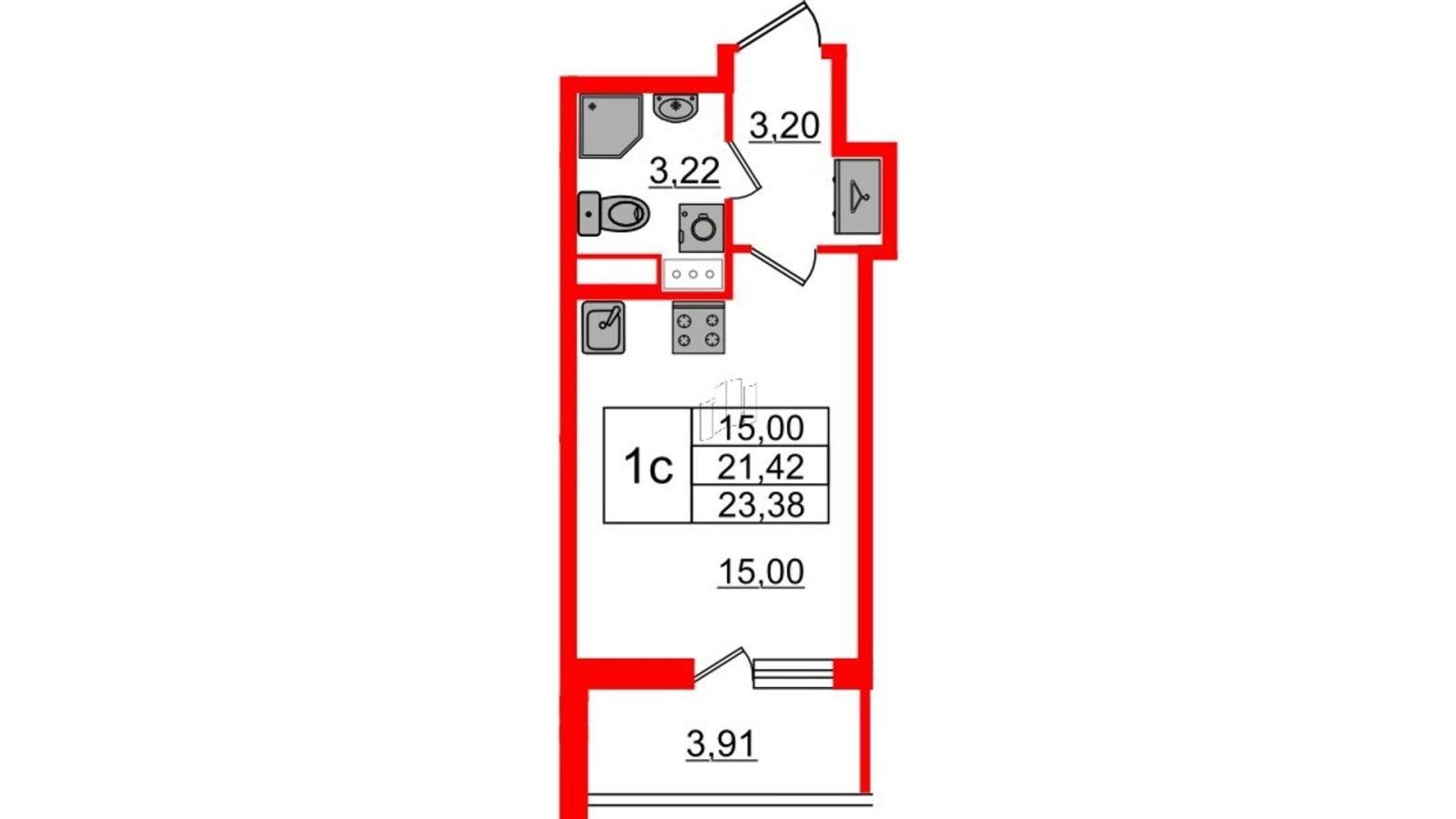 Планировка: студия, 21,4 м²