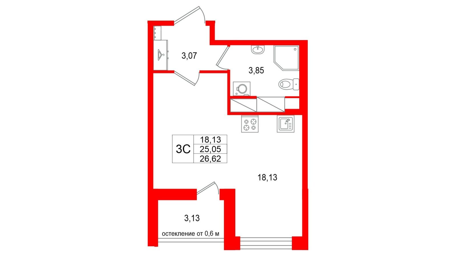 Планировка: студия, 25,1 м²