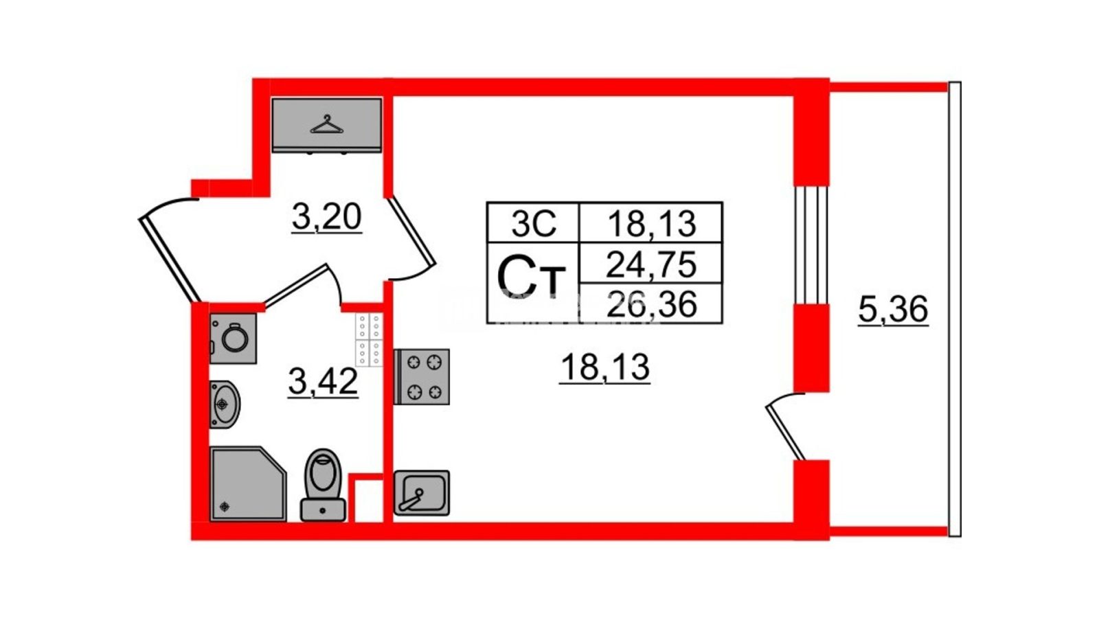 Планировка: студия, 24,4 м²
