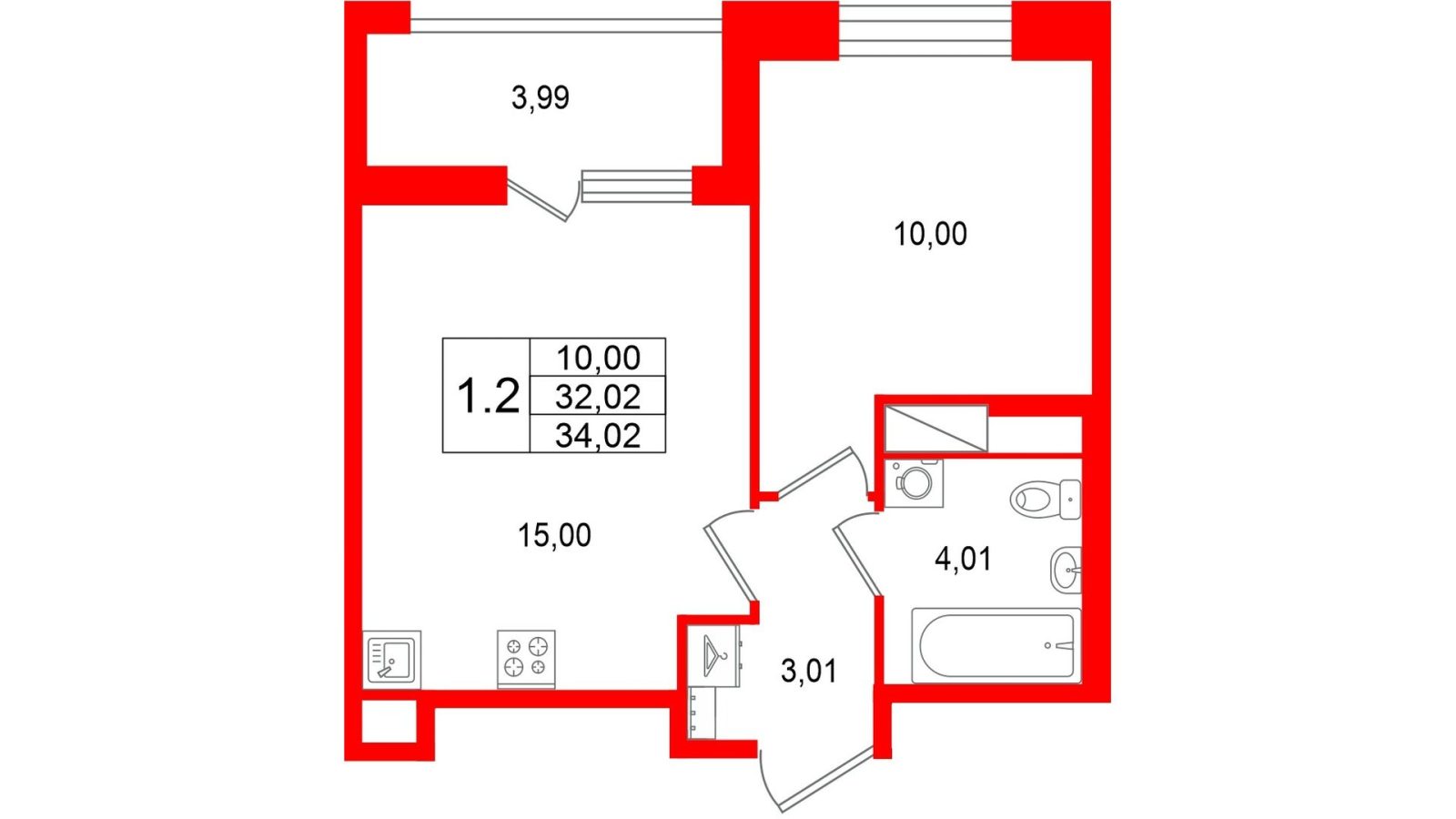 Планировка: 1-комнатная квартира, 32,0 м²