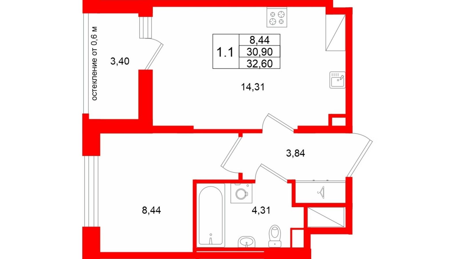 Планировка: 1-комнатная квартира, 30,9 м²