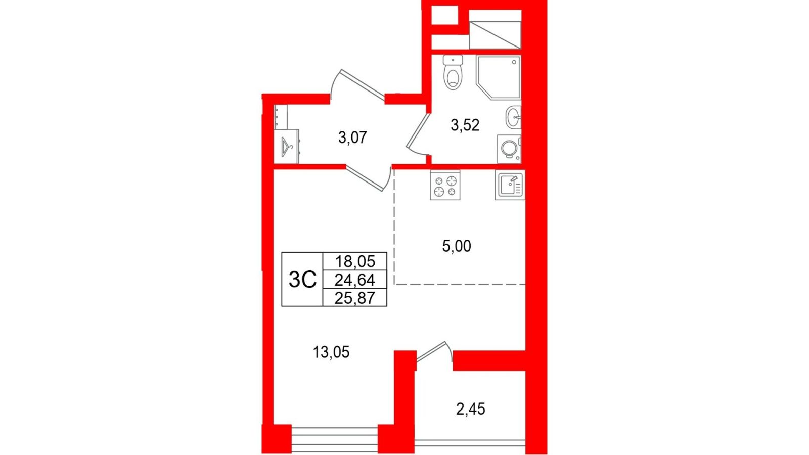 Планировка: студия, 24,6 м²