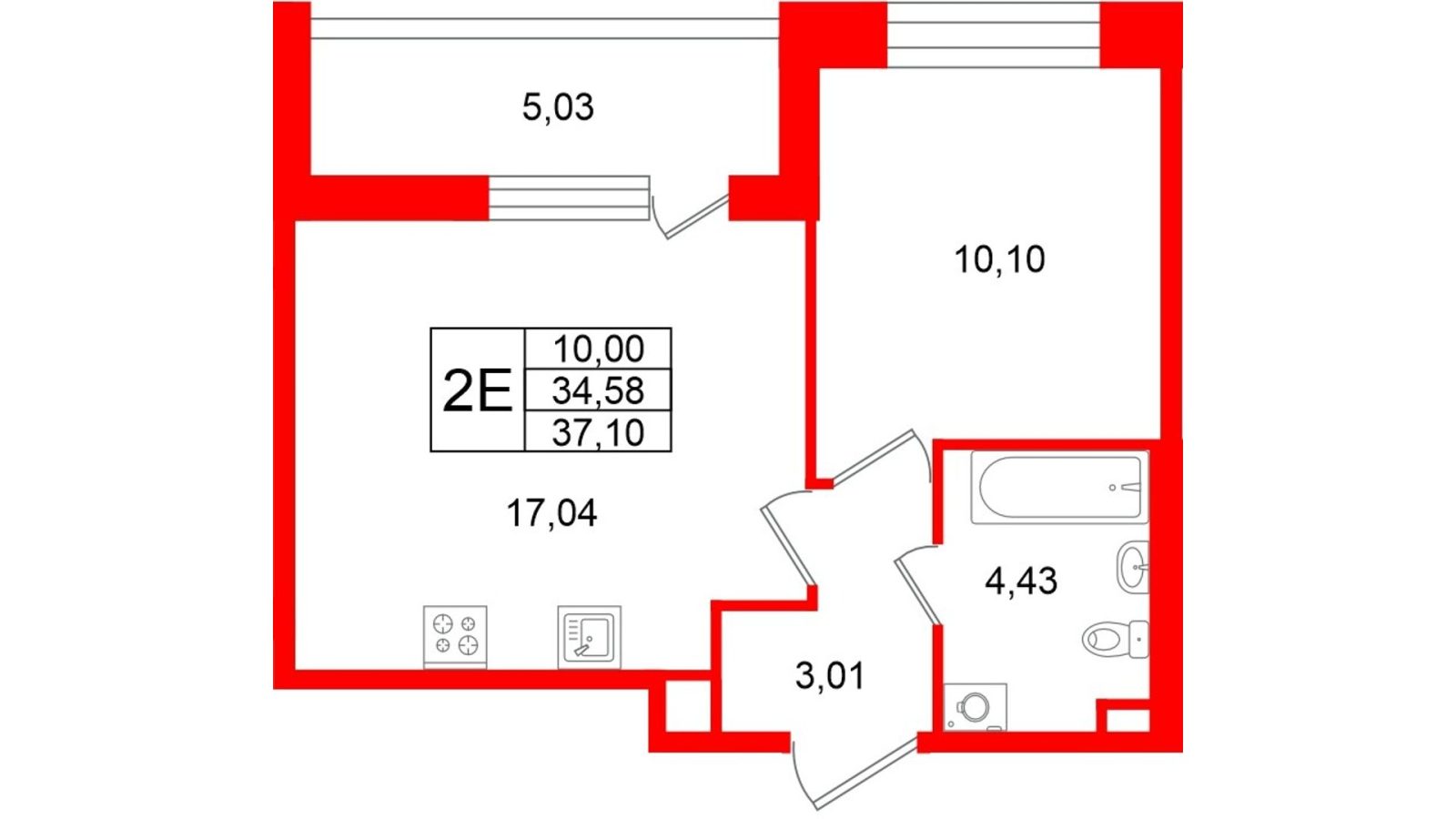 Планировка: 1-комнатная квартира, 34,6 м²