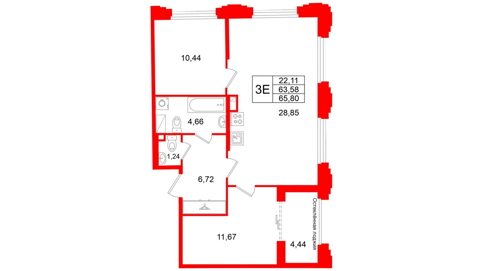 Планировка: 2-комнатная квартира, 63,6 м²
