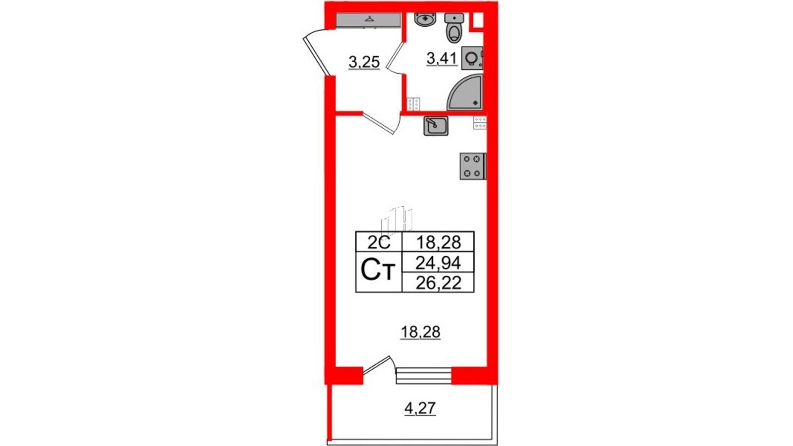 Планировка: студия, 24,9 м²