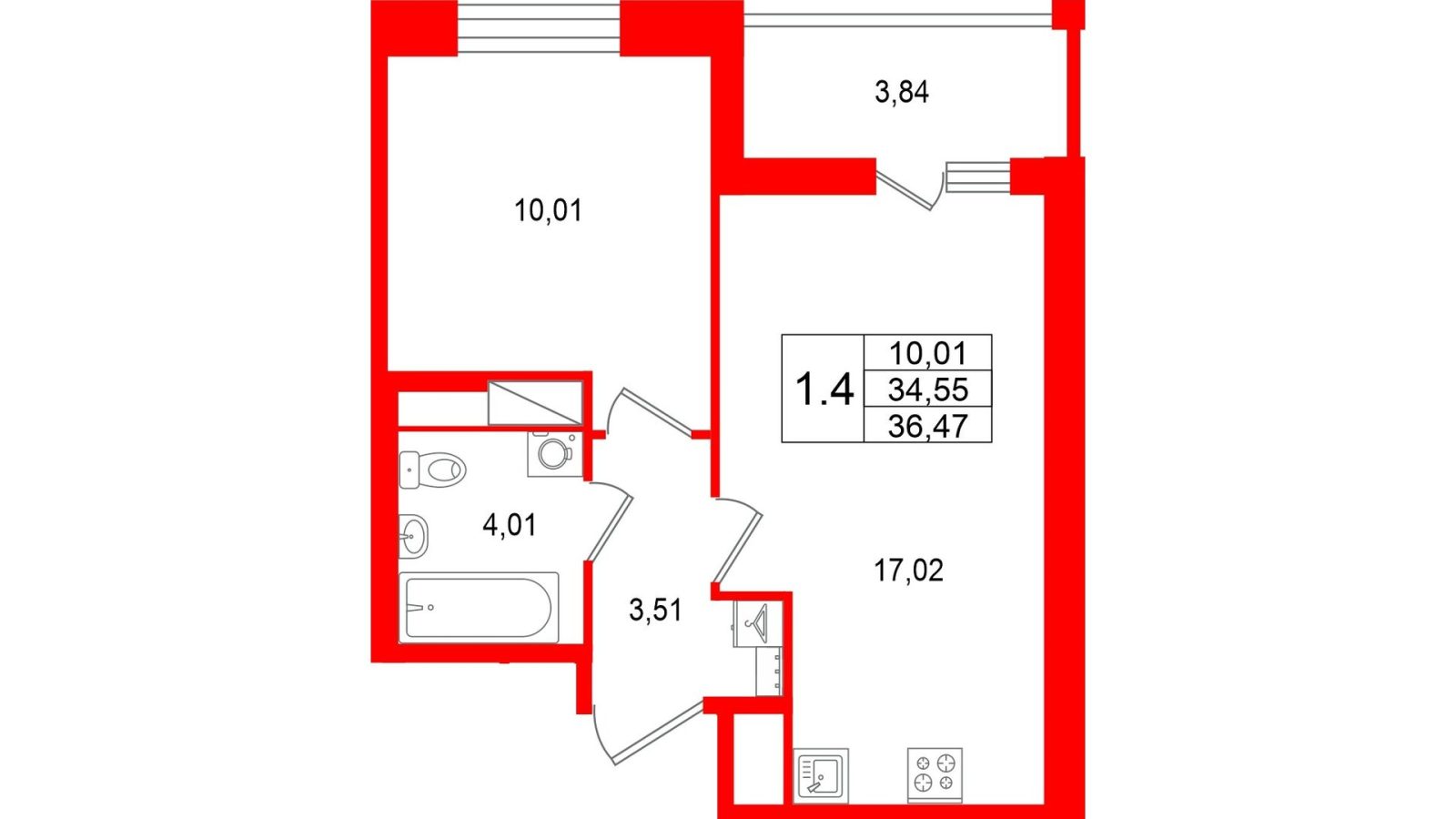 Планировка: 1-комнатная квартира, 34,6 м²
