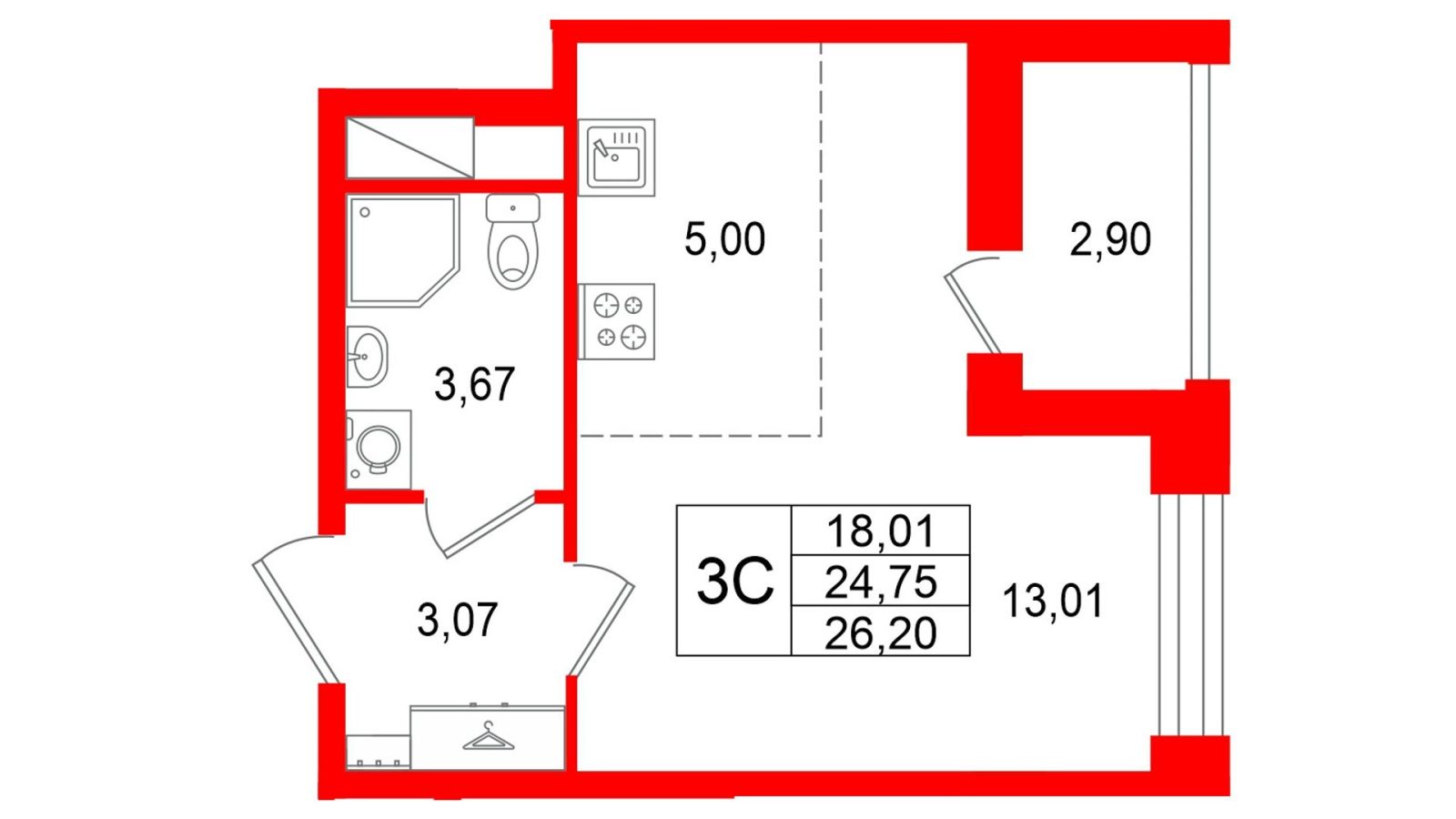 Планировка: студия, 24,8 м²