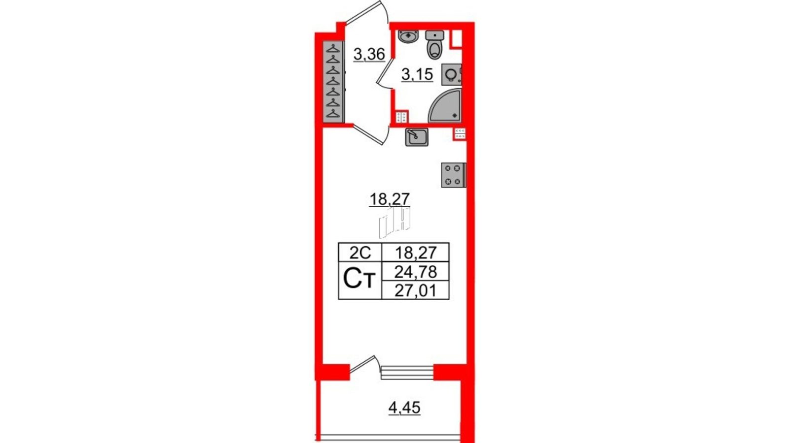 Планировка: студия, 24,8 м²