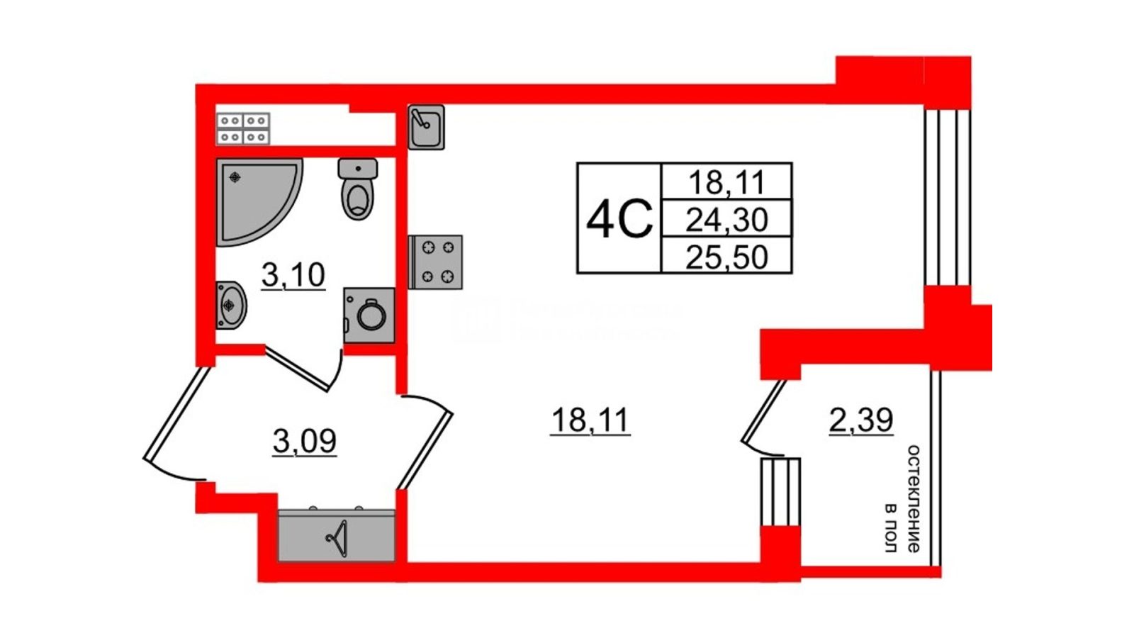 Планировка: студия, 24,3 м²