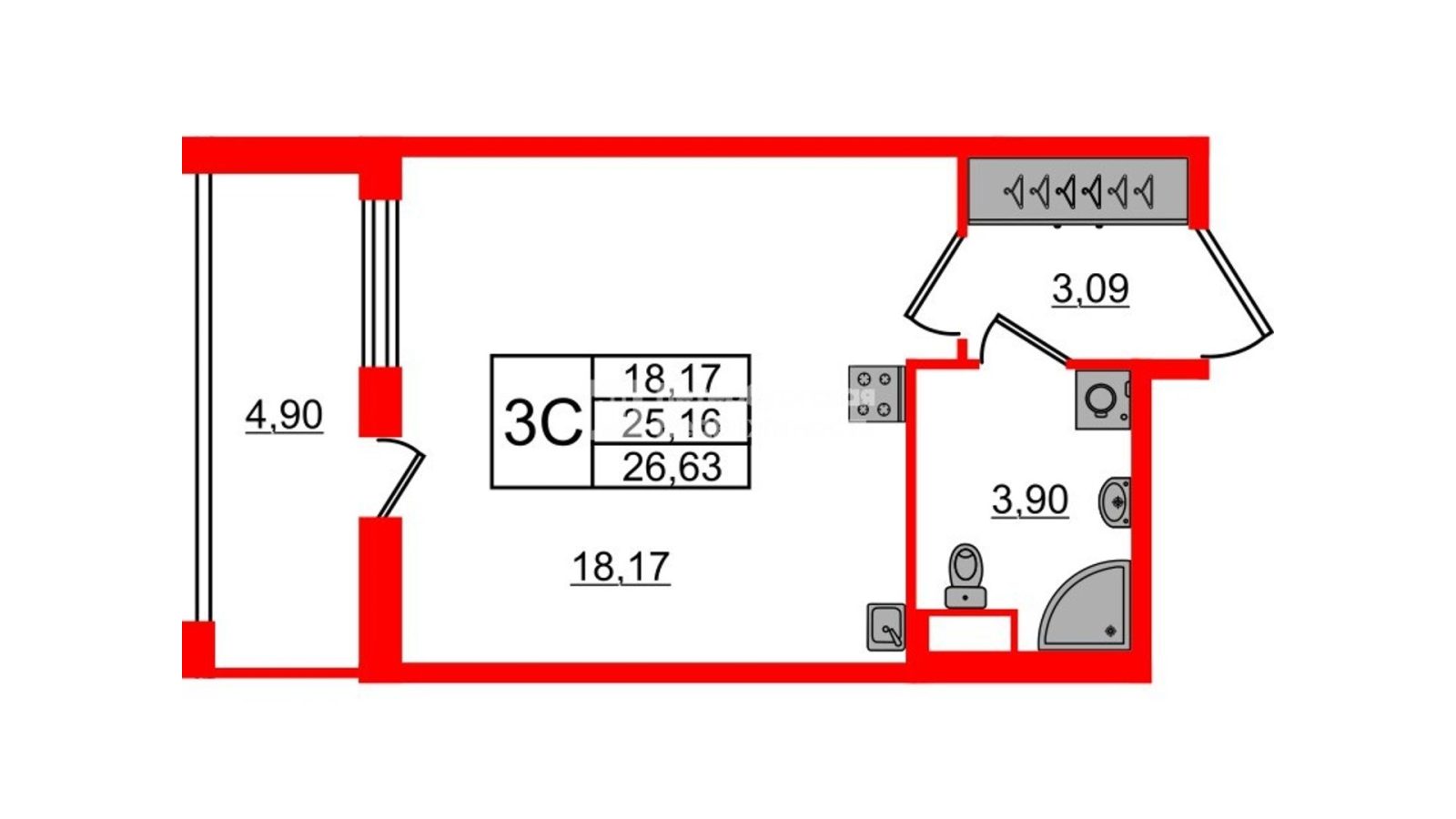 Планировка: студия, 25,2 м²