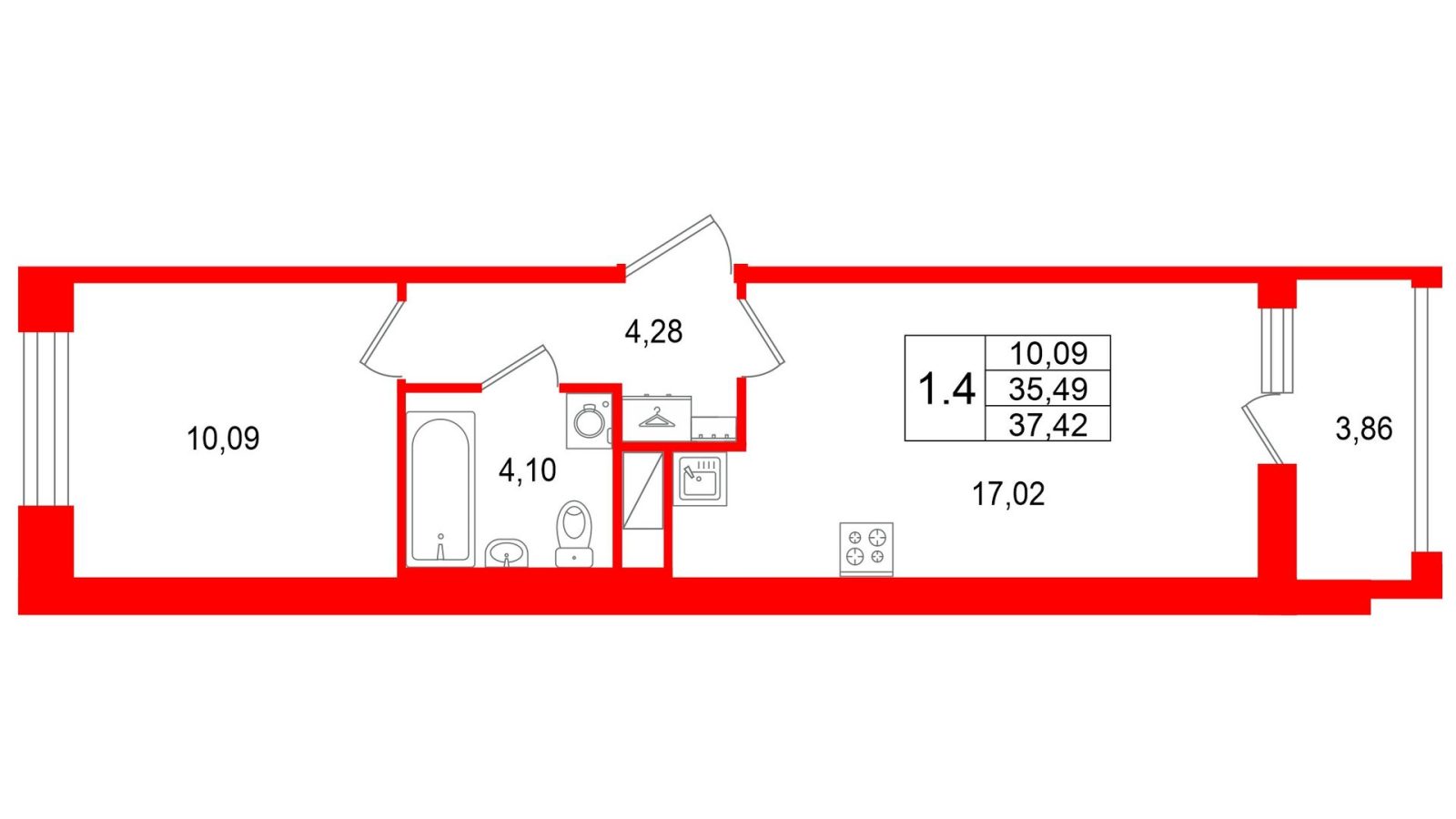 Планировка: 1-комнатная квартира, 35,5 м²