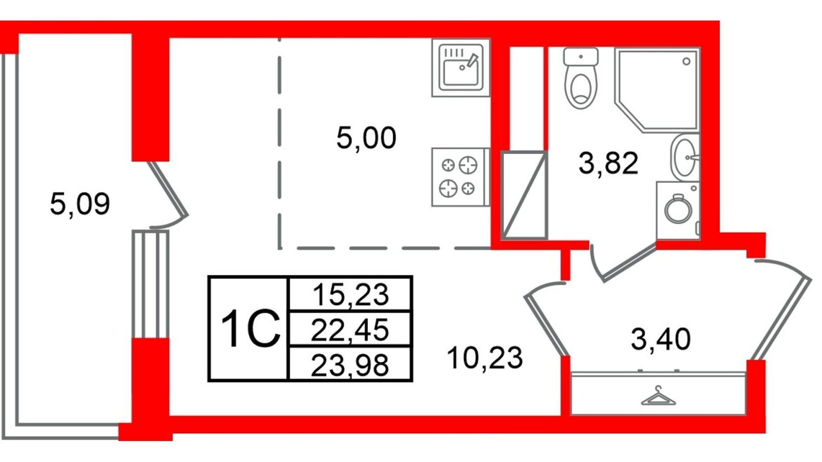 Планировка: студия, 22,5 м²