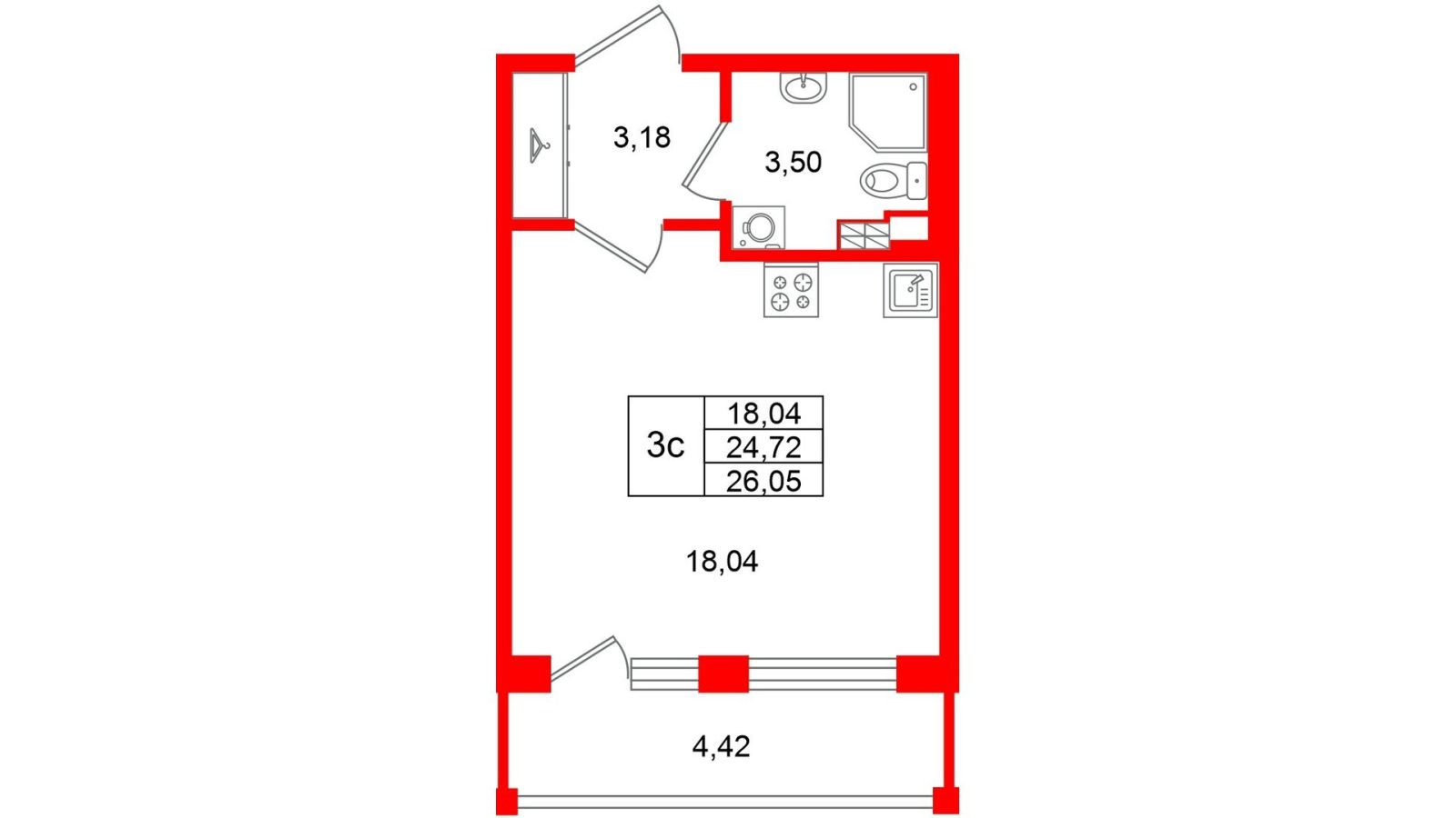 Планировка: студия, 24,7 м²