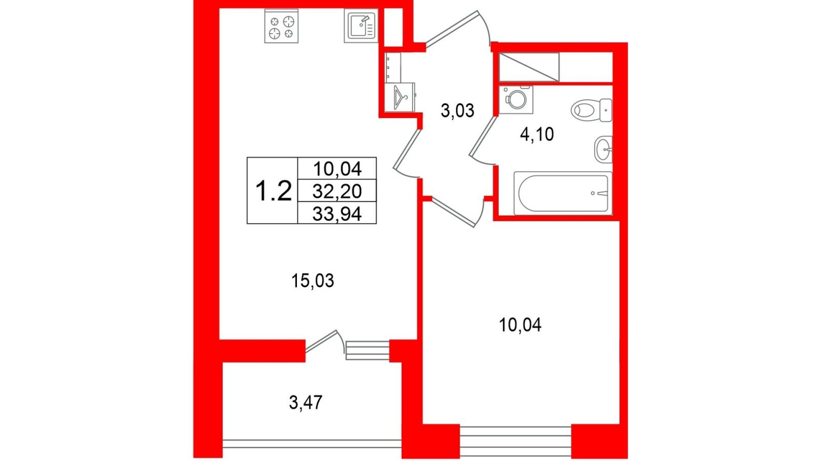 Планировка: 1-комнатная квартира, 32,2 м²