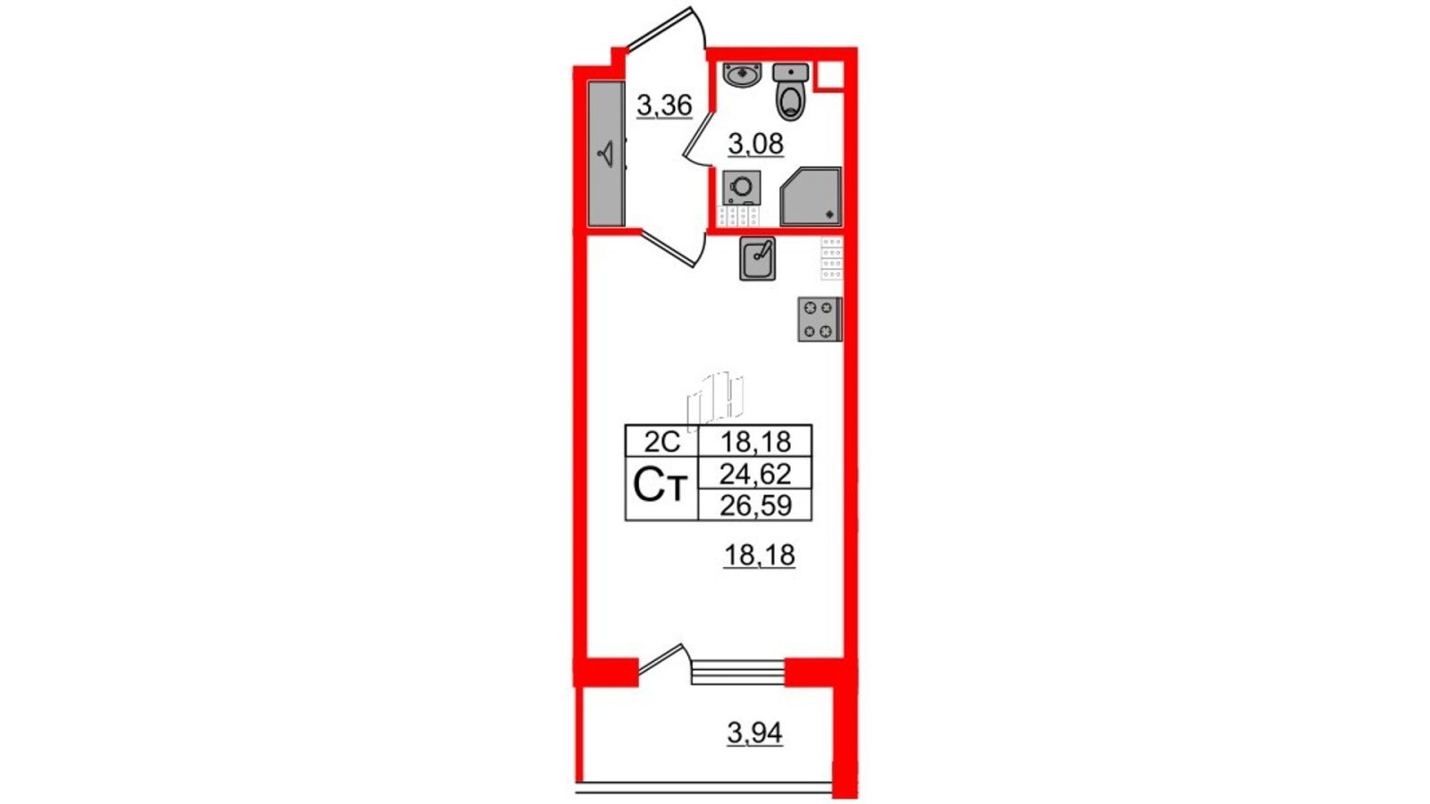 Планировка: студия, 24,3 м²