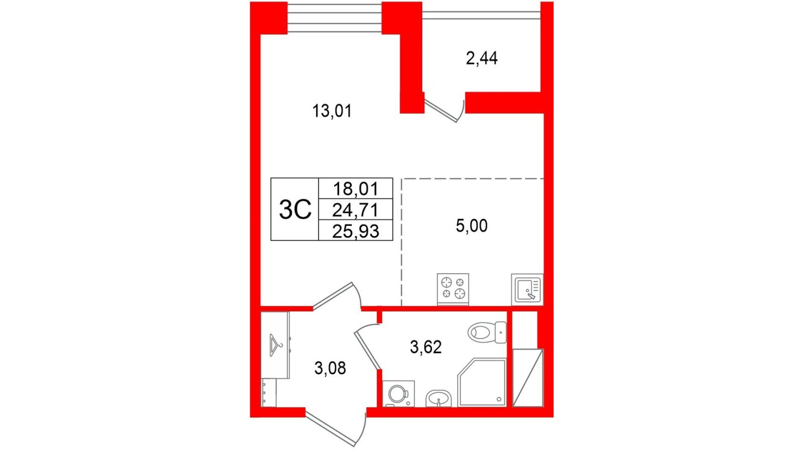 Планировка: студия, 24,7 м²