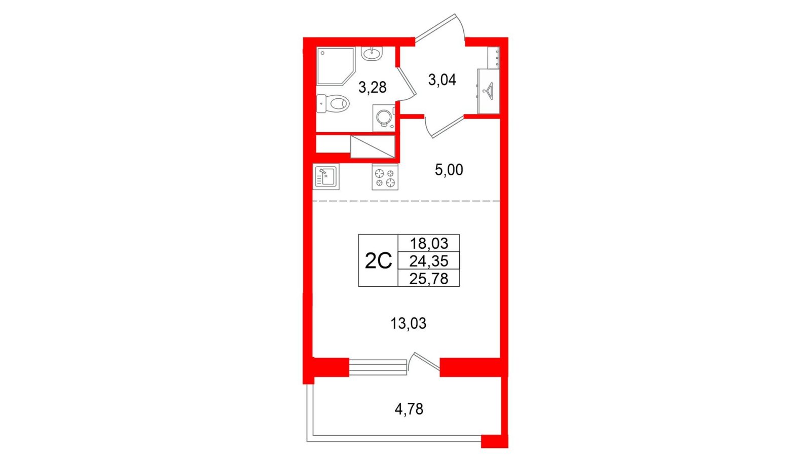 Планировка: студия, 24,4 м²