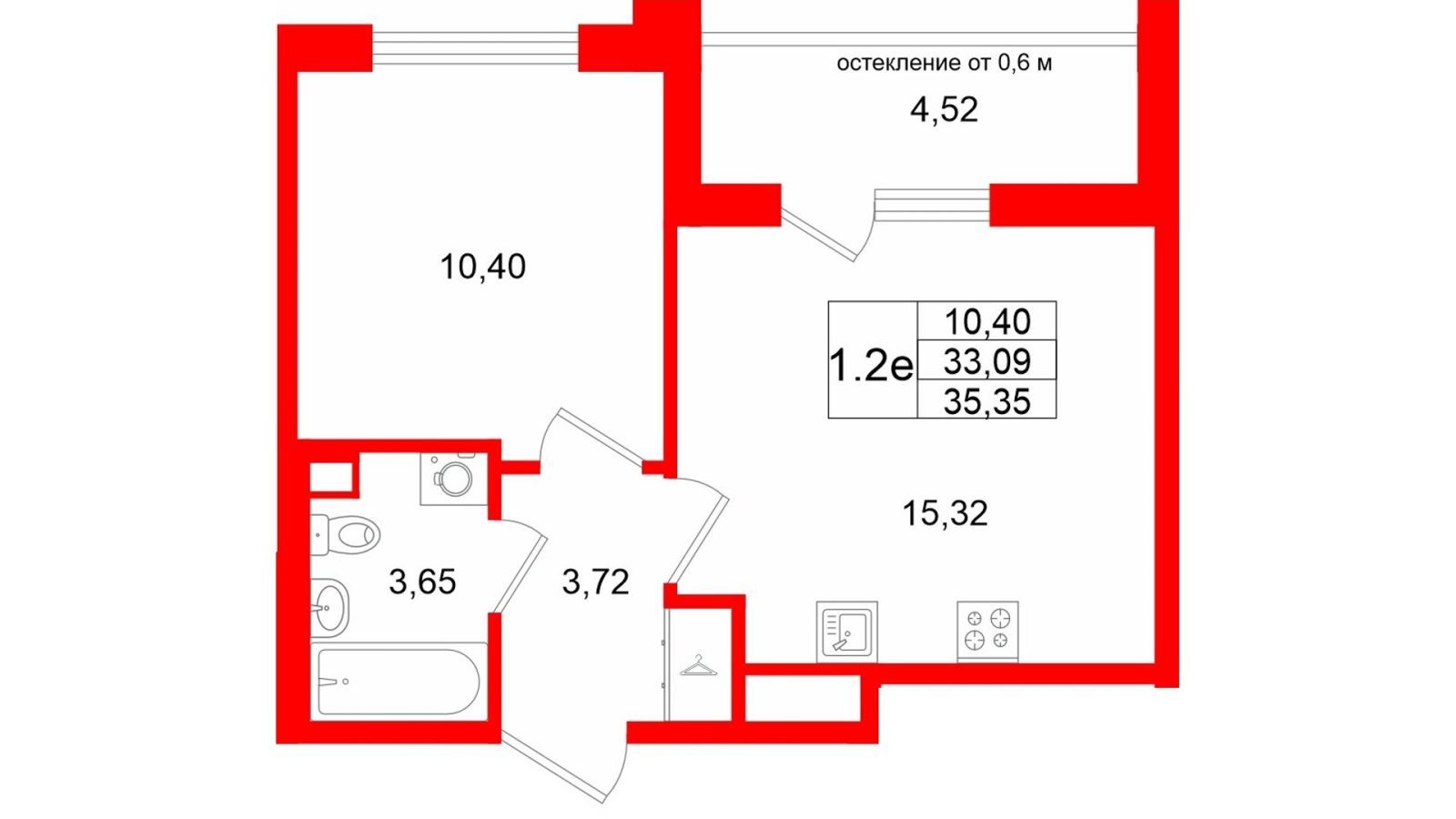 Планировка: 1-комнатная квартира, 33,1 м²
