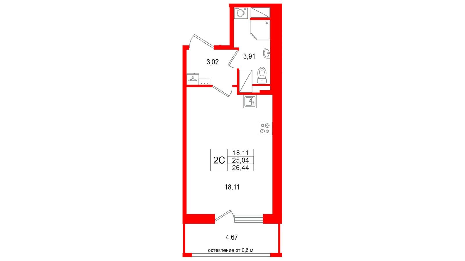 Планировка: студия, 25,0 м²
