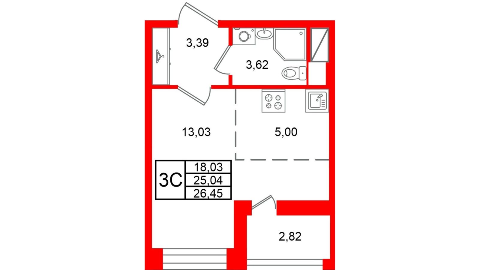 Планировка: студия, 25,0 м²