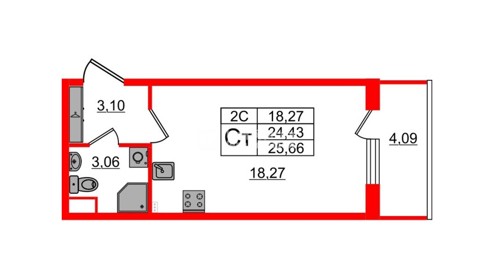 Планировка: студия, 24,2 м²