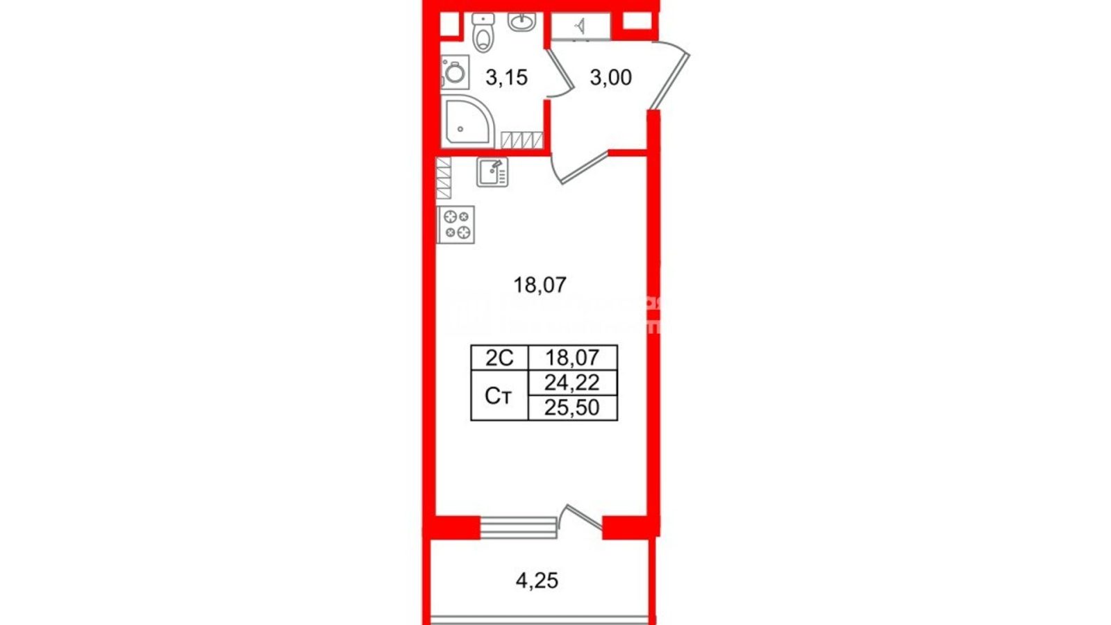 Планировка: студия, 24,2 м²