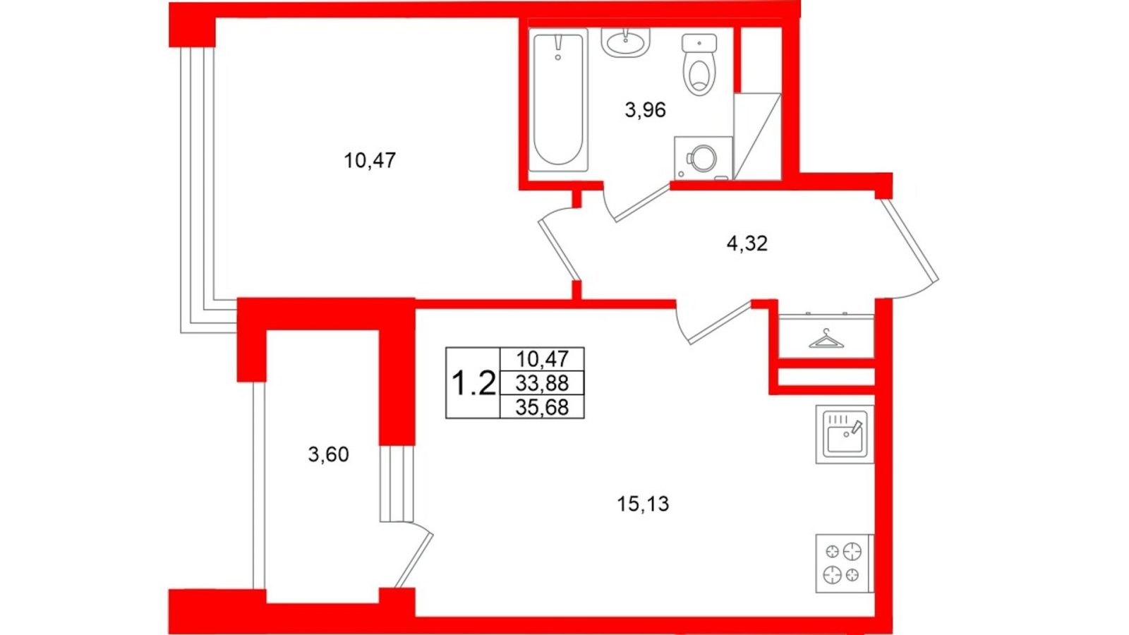 Планировка: 1-комнатная квартира, 33,9 м²