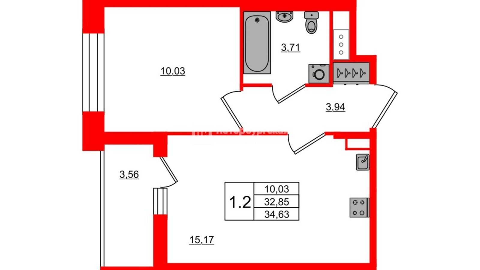 Планировка: 1-комнатная квартира, 32,9 м²