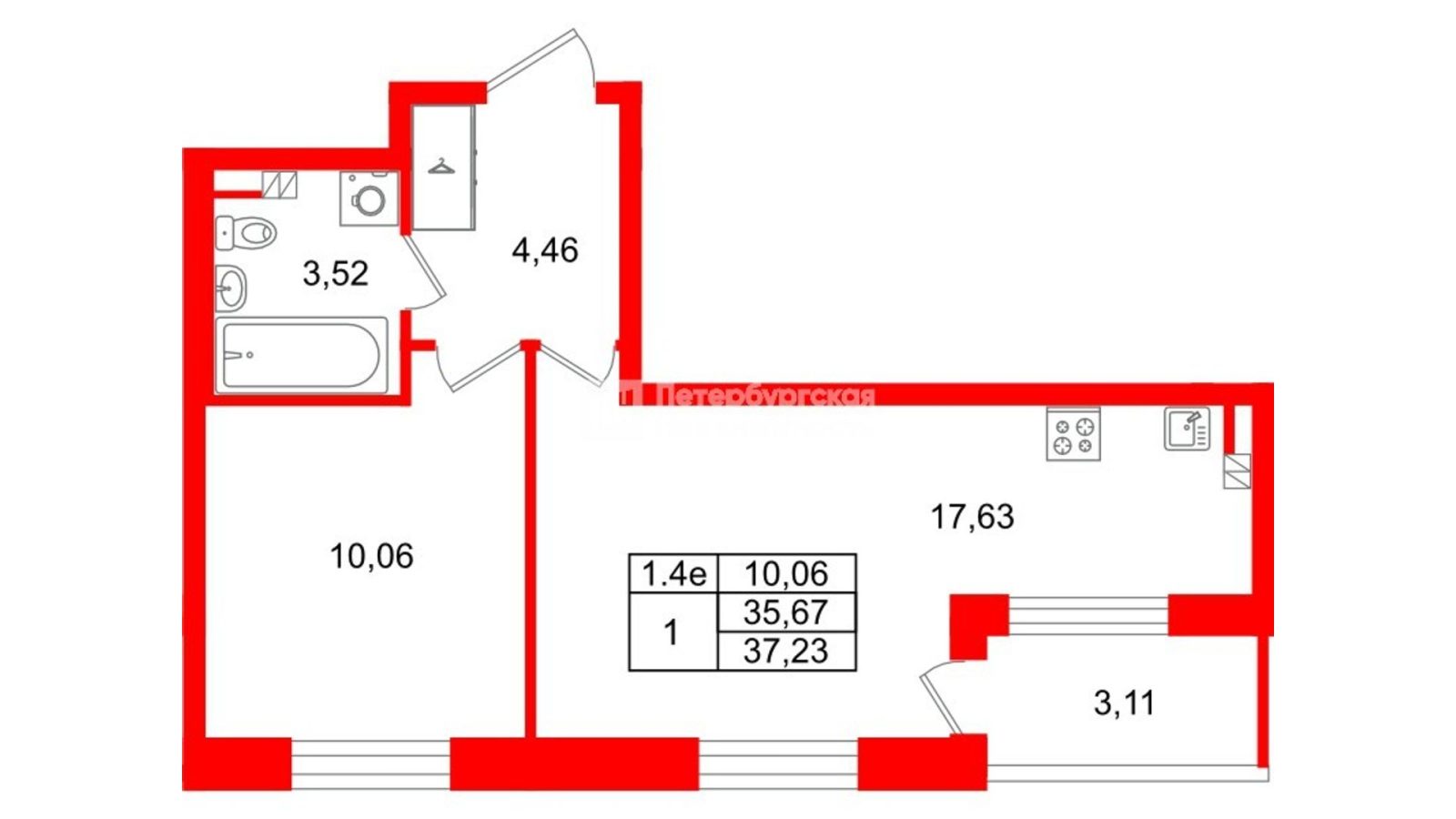 Планировка: 1-комнатная квартира, 35,7 м²