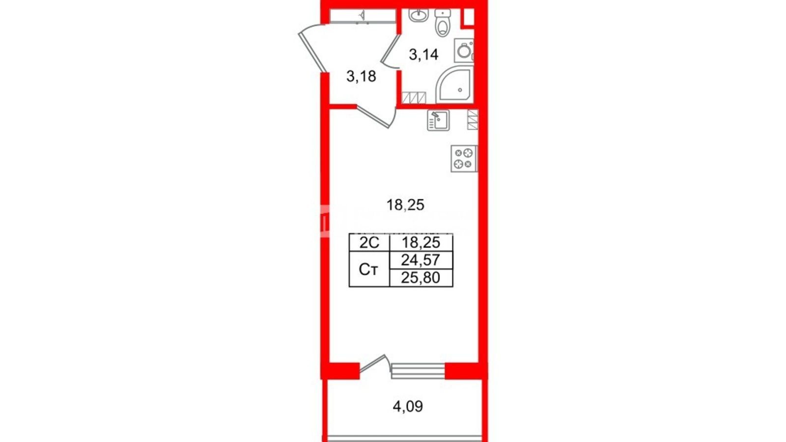 Планировка: студия, 24,6 м²