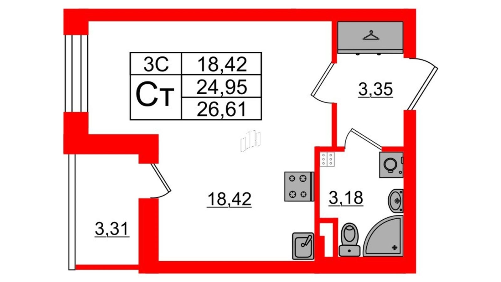 Планировка: студия, 25,0 м²