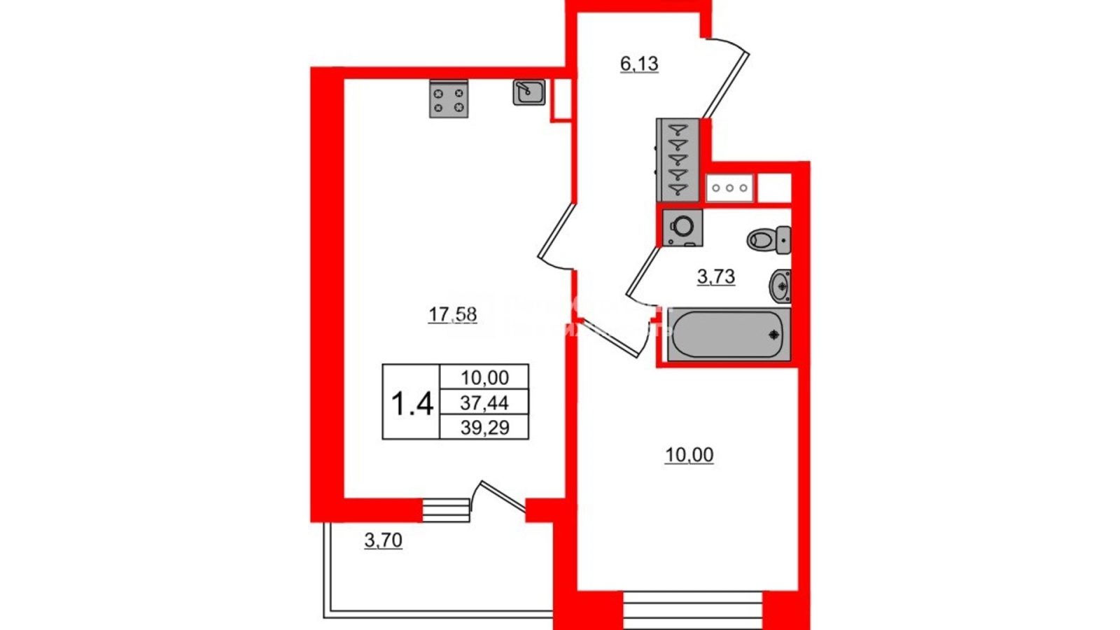 Планировка: 1-комнатная квартира, 37,4 м²