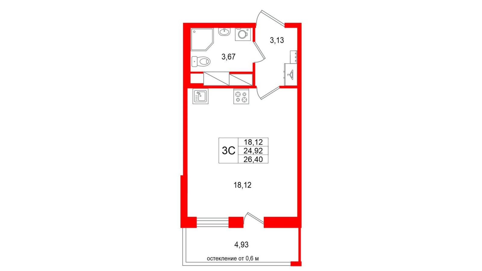 Планировка: студия, 24,9 м²