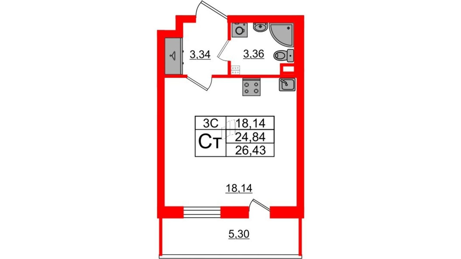 Планировка: студия, 24,8 м²