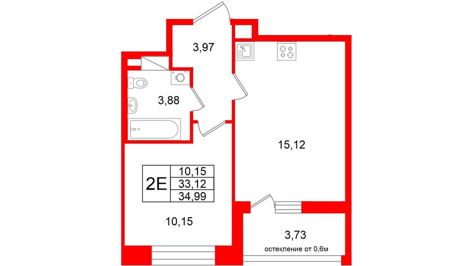 Планировка: 1-комнатная квартира, 33,1 м²