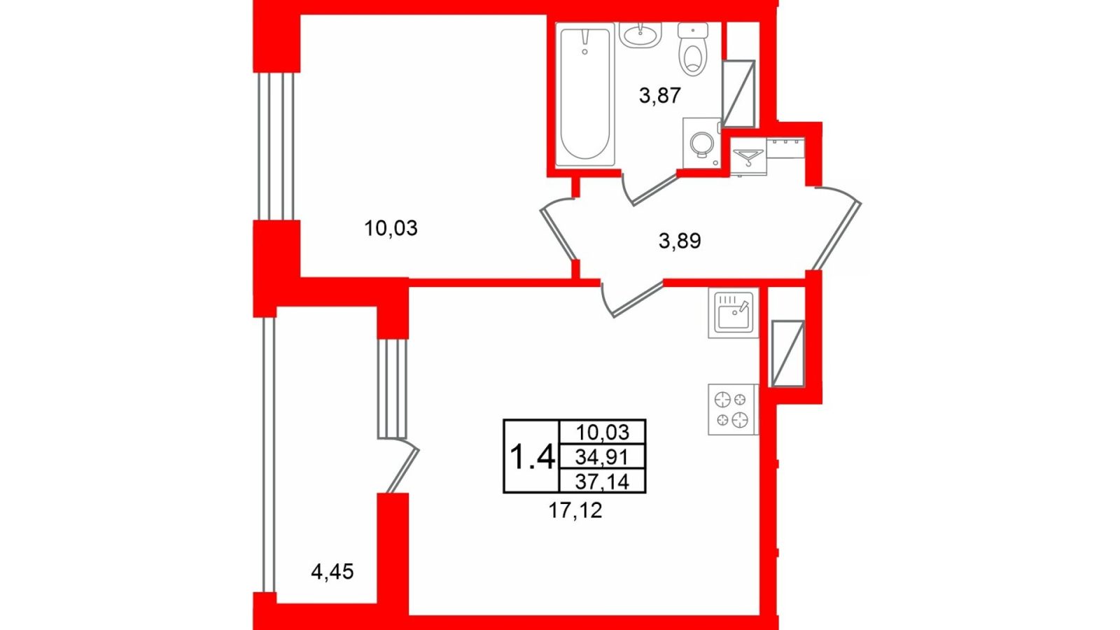 Планировка: 1-комнатная квартира, 34,9 м²
