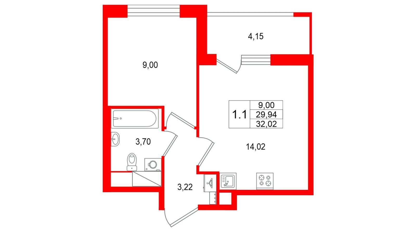Планировка: 1-комнатная квартира, 29,9 м²