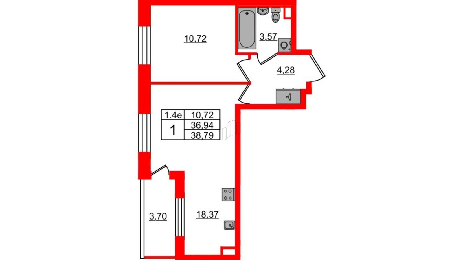 Планировка: 1-комнатная квартира, 36,9 м²