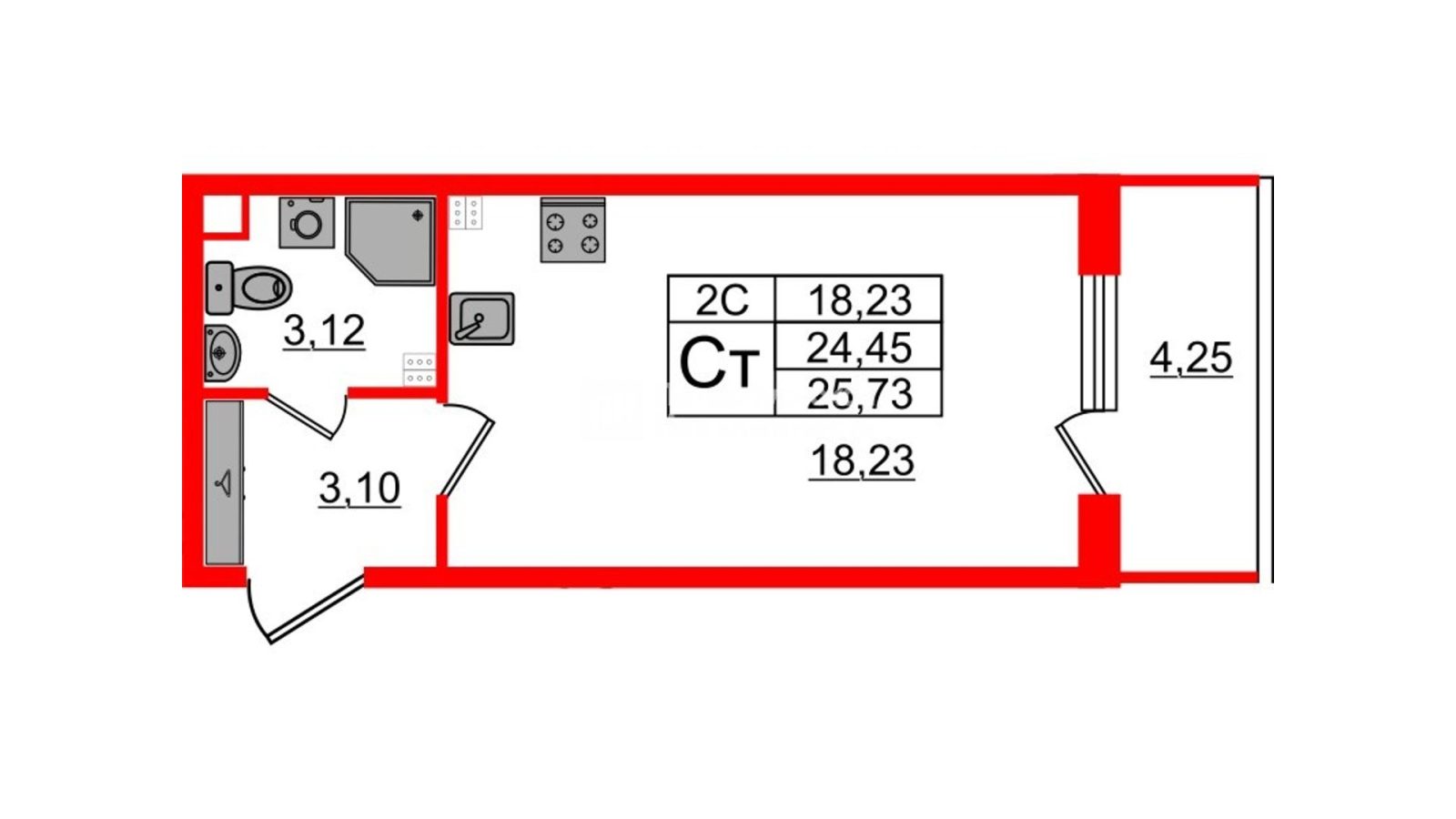 Планировка: студия, 24,0 м²