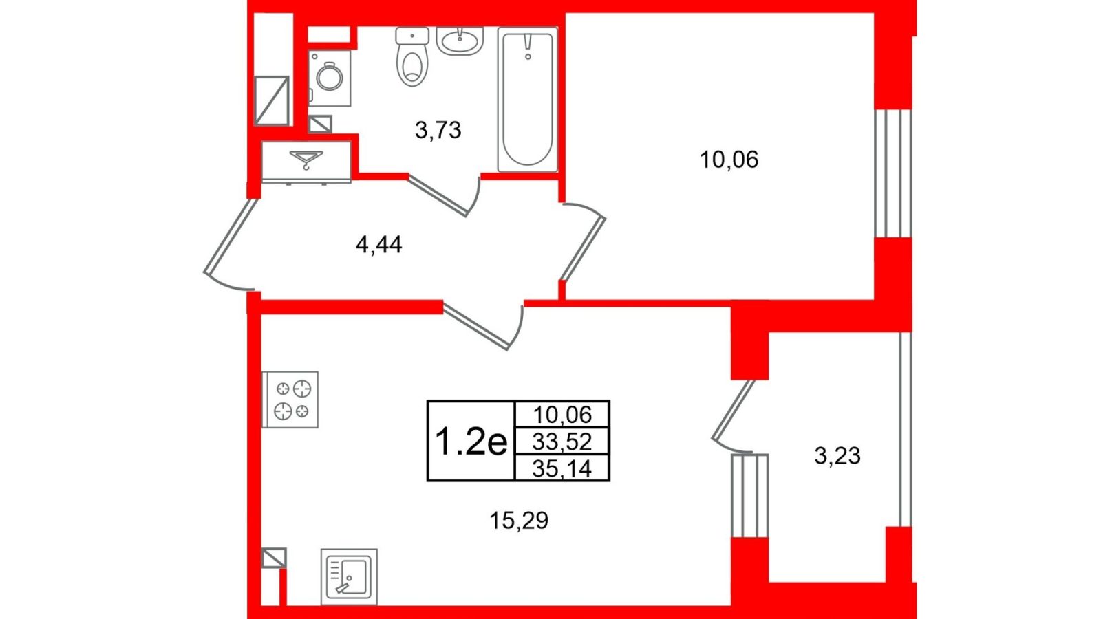 Планировка: 1-комнатная квартира, 33,5 м²