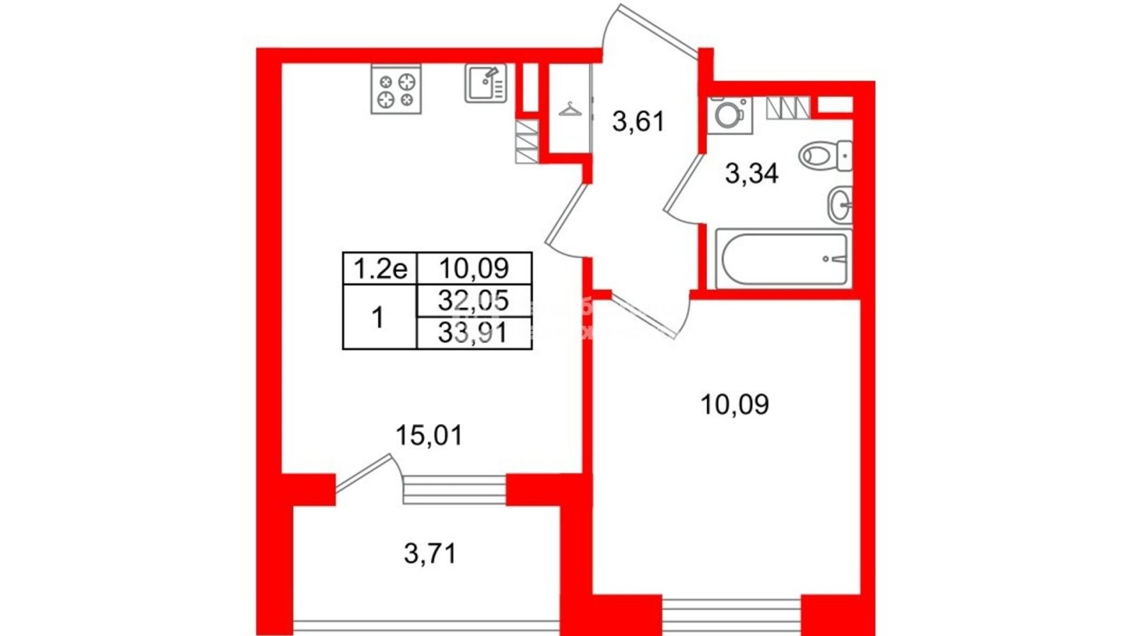 Планировка: 1-комнатная квартира, 32,1 м²