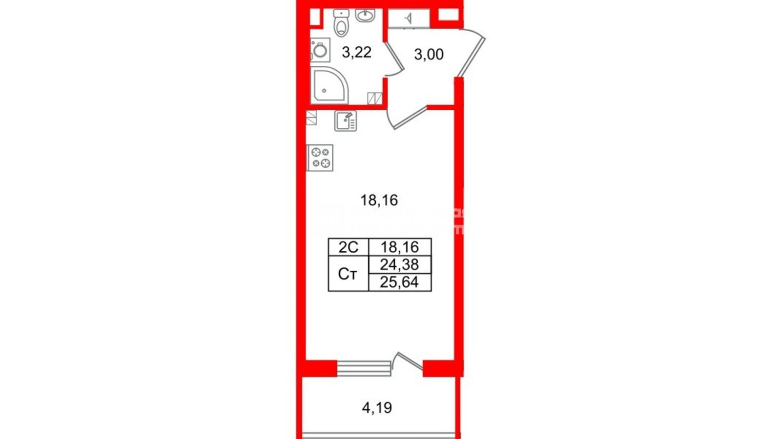 Планировка: студия, 24,4 м²
