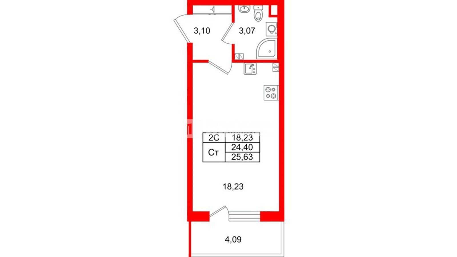 Планировка: студия, 24,4 м²