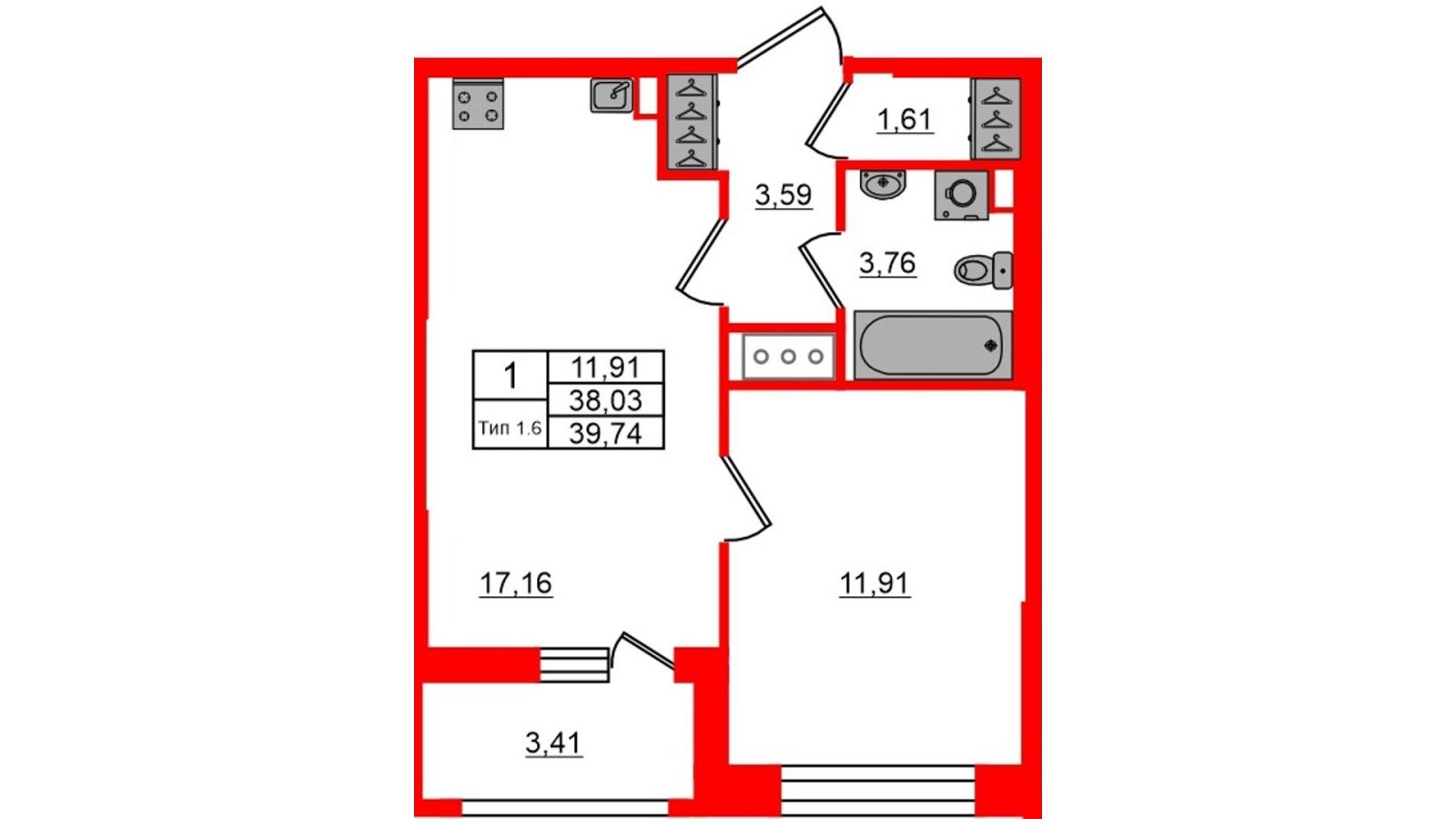 Планировка: 1-комнатная квартира, 38,0 м²