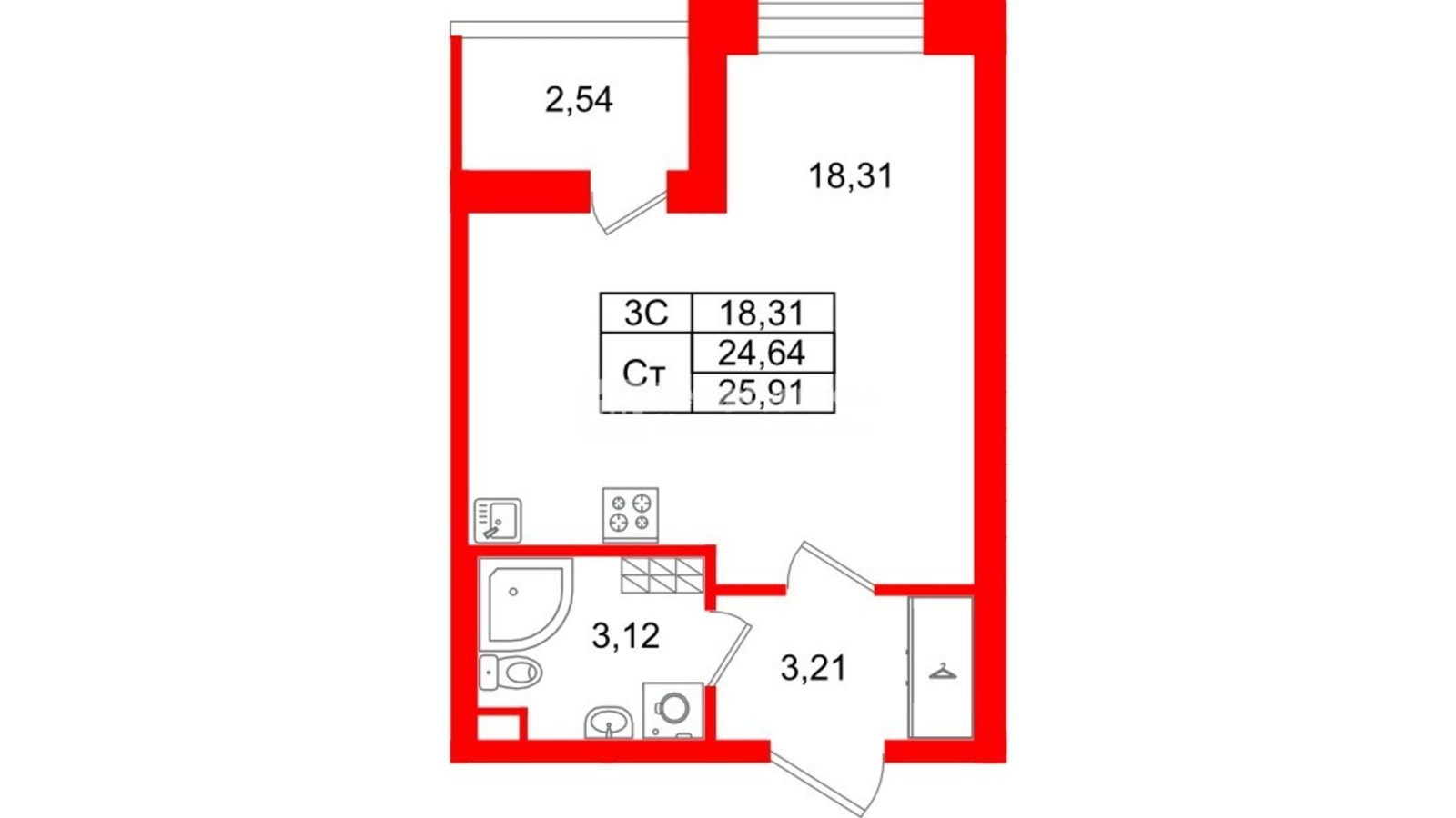 Планировка: студия, 24,6 м²