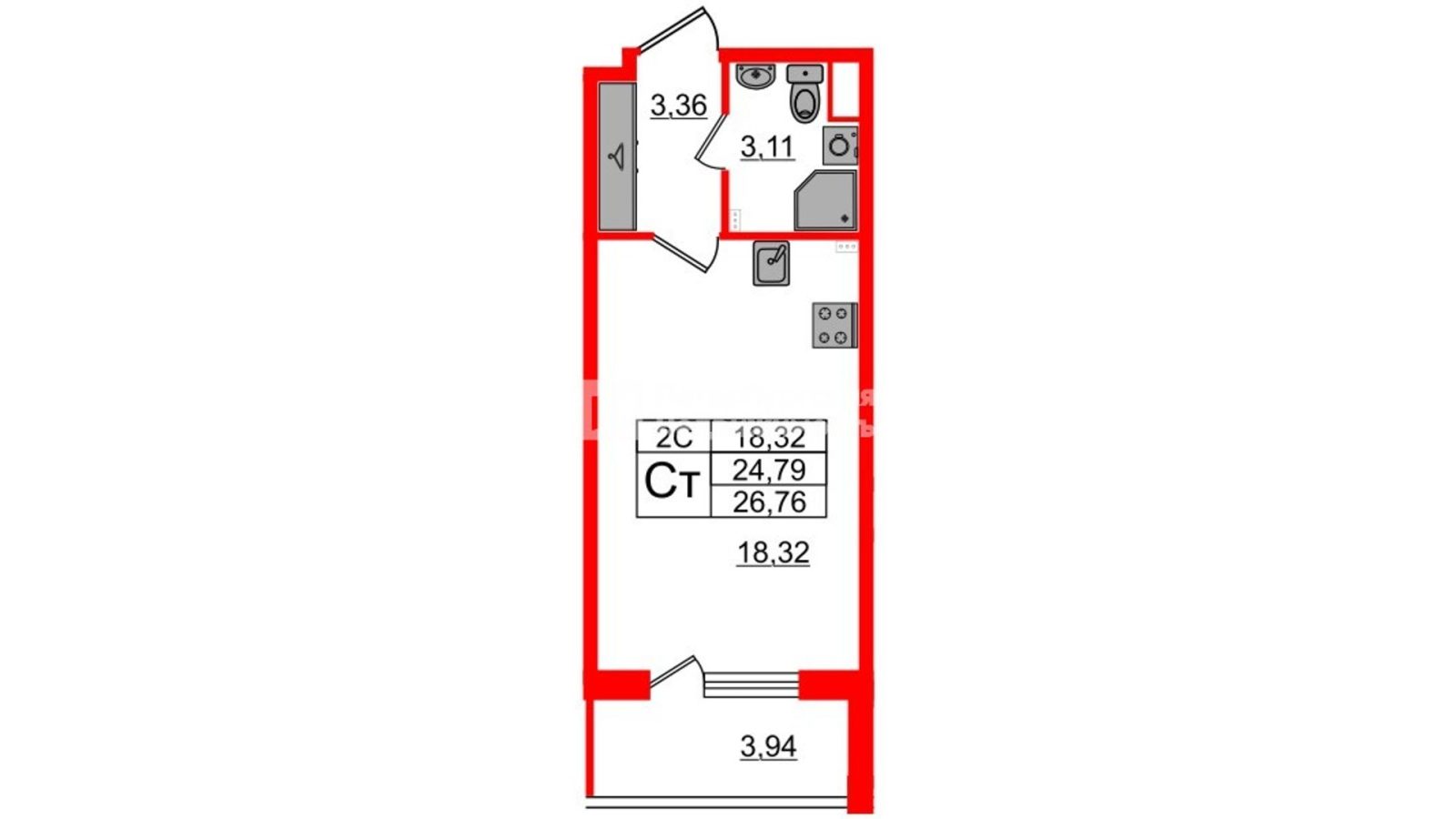 Планировка: студия, 24,5 м²