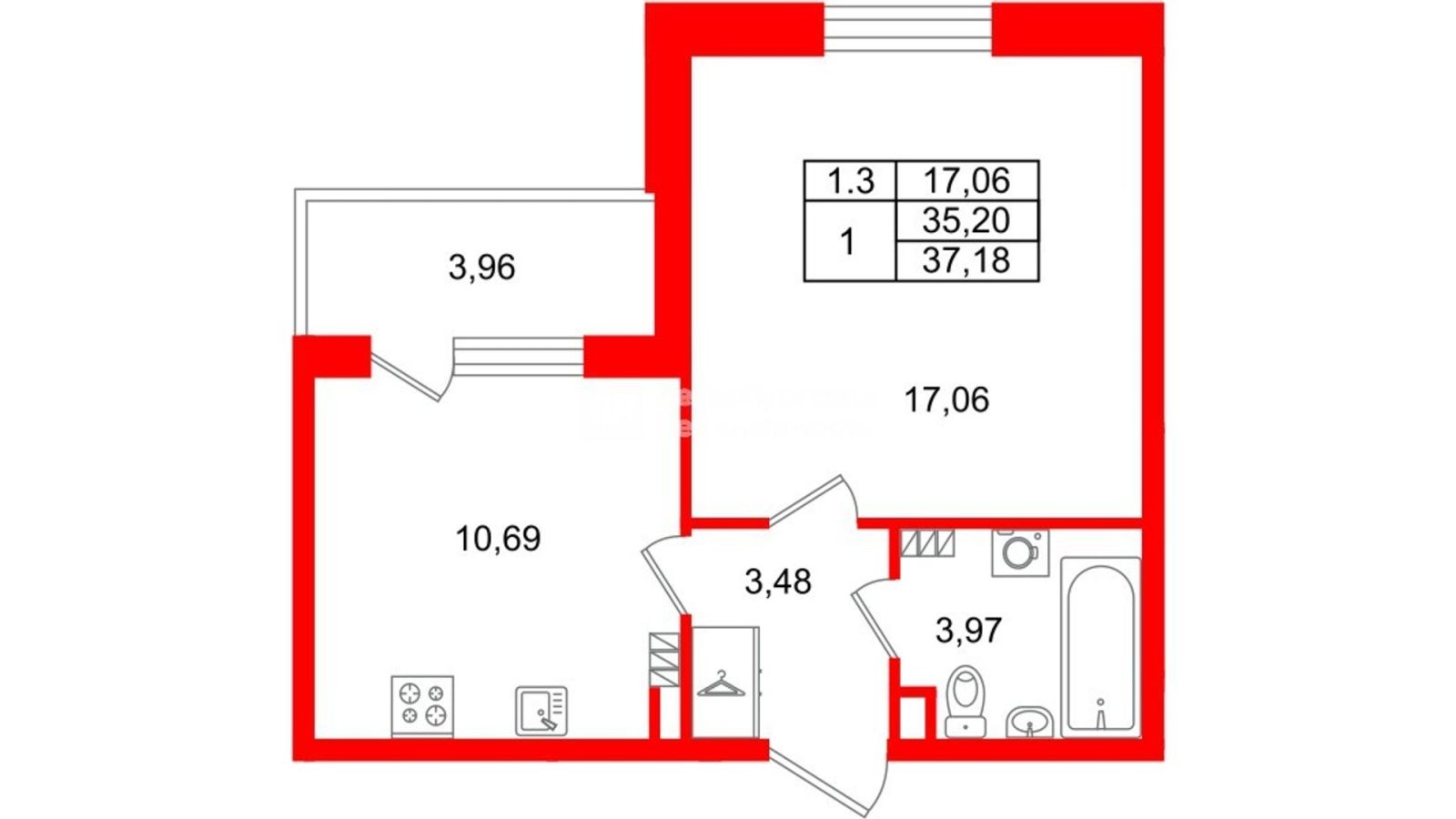 Планировка: 1-комнатная квартира, 35,2 м²