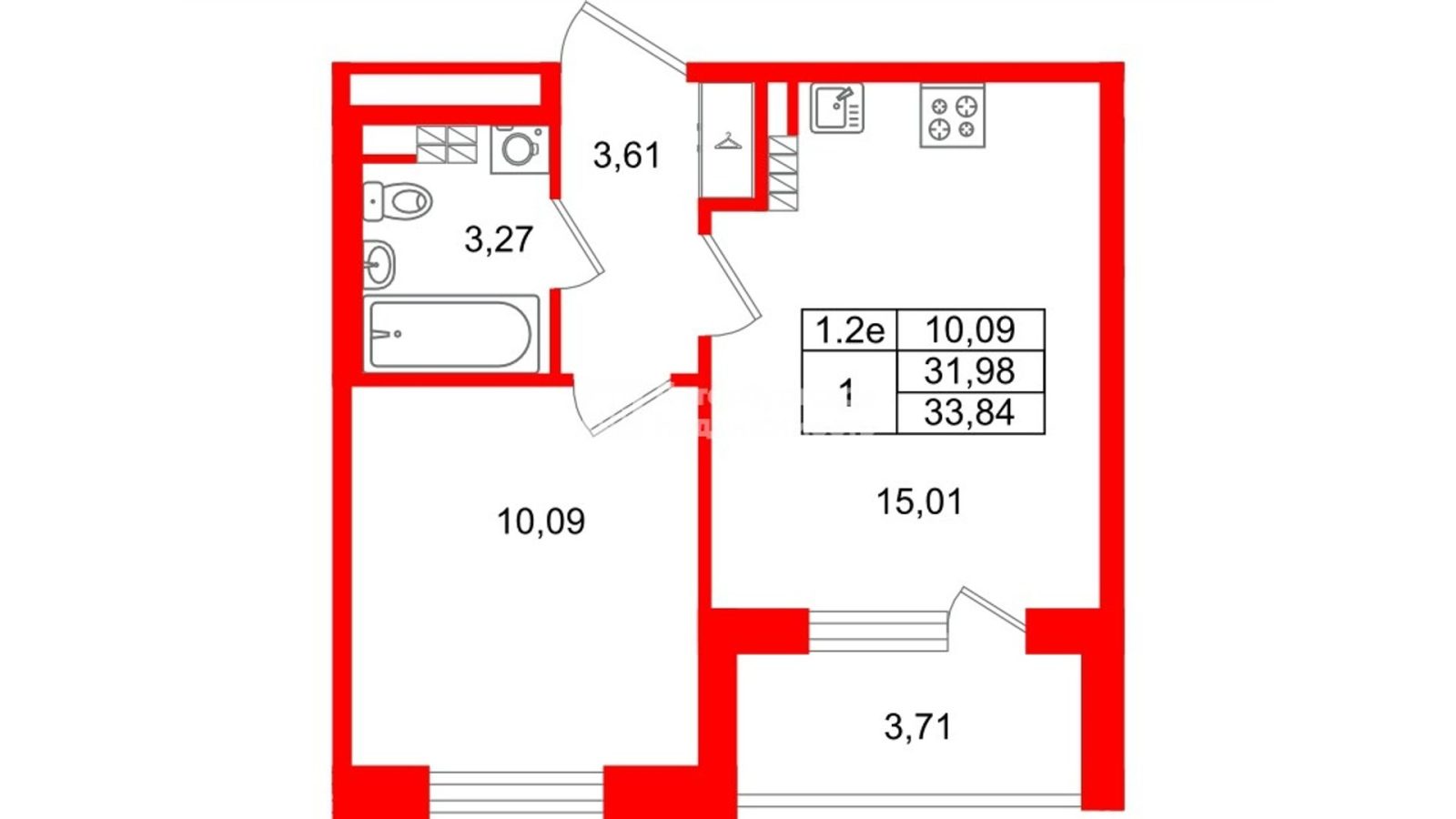 Планировка: 1-комнатная квартира, 32,0 м²